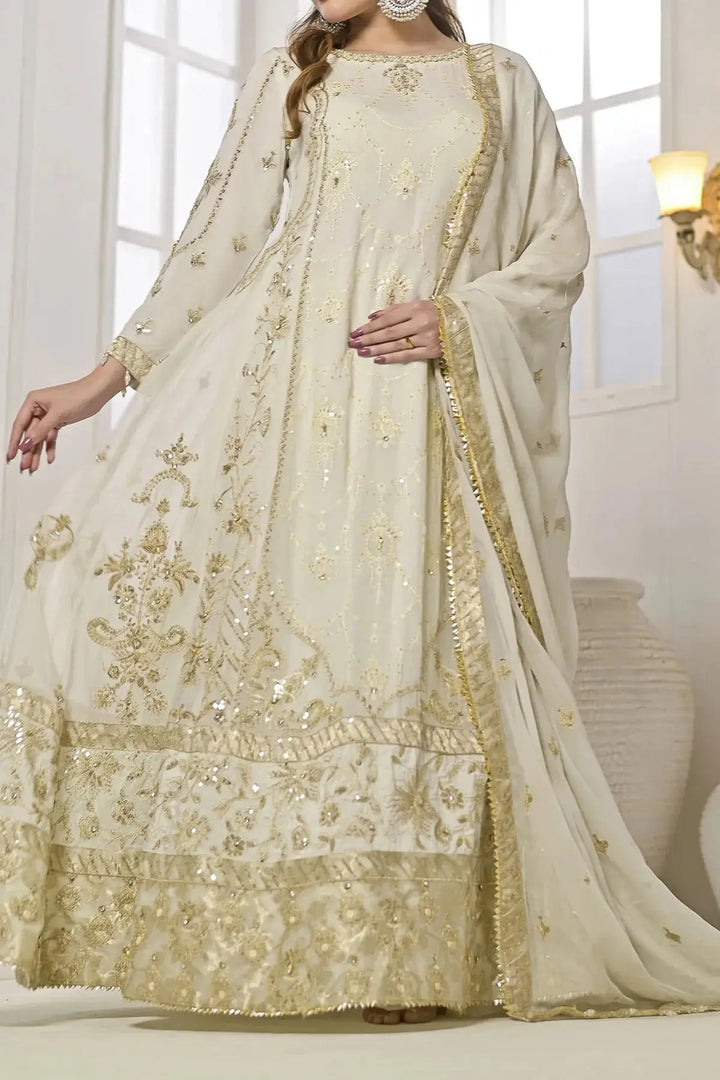 Full view of Rafia Chiffon Dress showcasing ornate embroidery and flared silhouette, ideal for weddings and festive events.