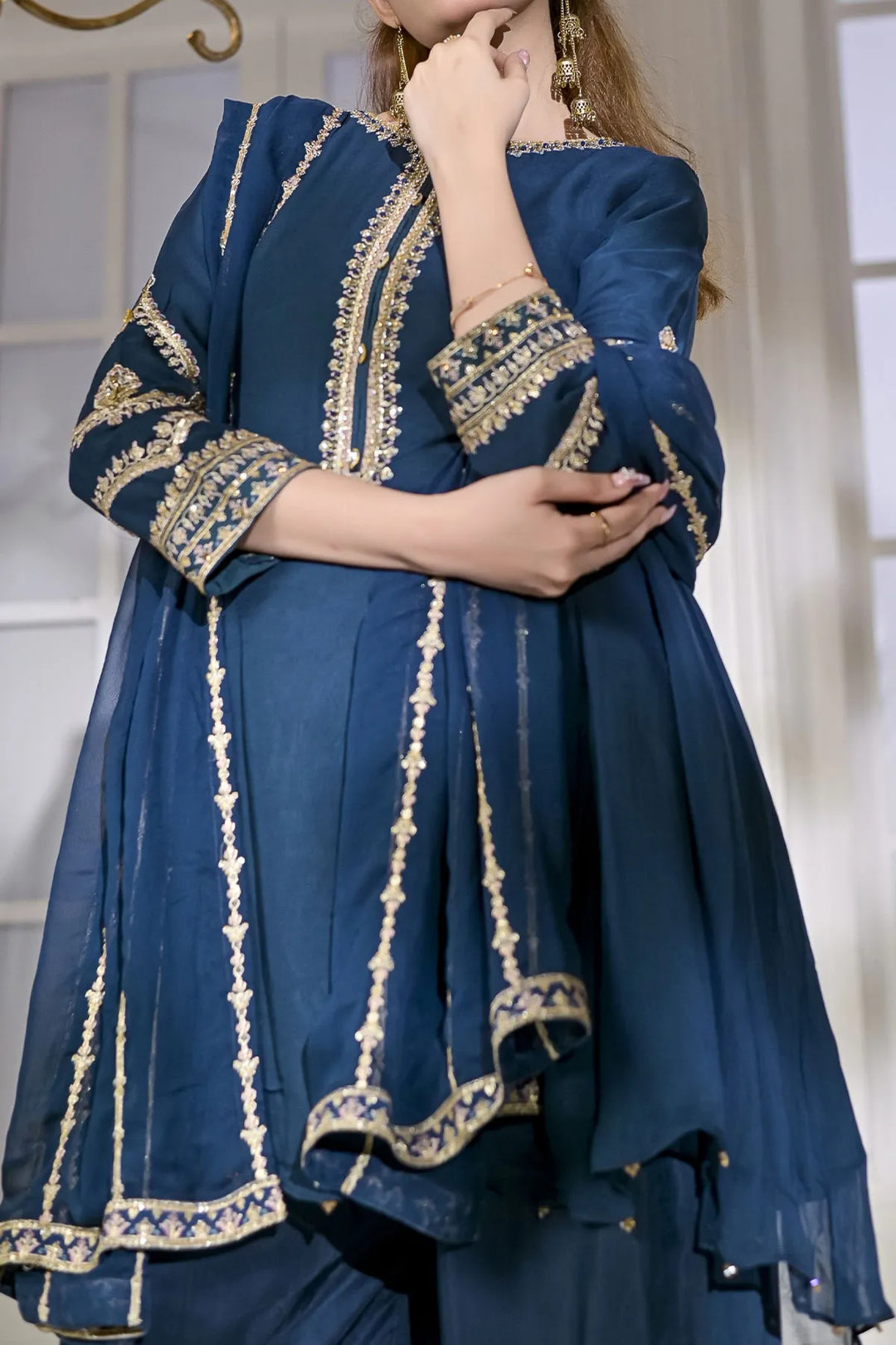 Front detail of Rafia Chiffon Occasions N2429 with gold embroidered neckline, sleeves, and dupatta in elegant zinc-blue chiffon fabric.