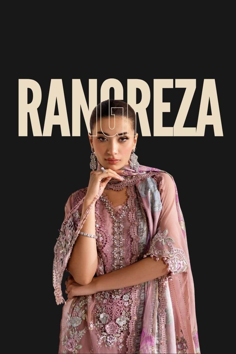 Woman wearing a traditional Pakistani outfit with 'Rangreza' branding on a black background
