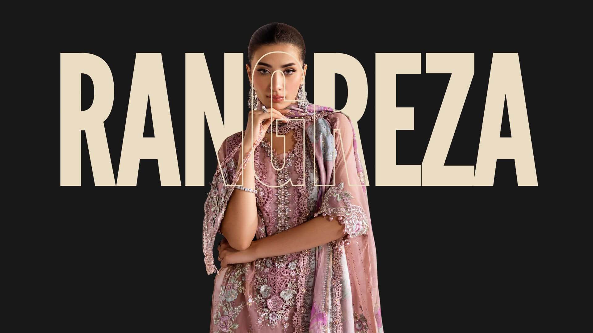 Woman in a pink dress with 'RANAREZA' branding on a black background