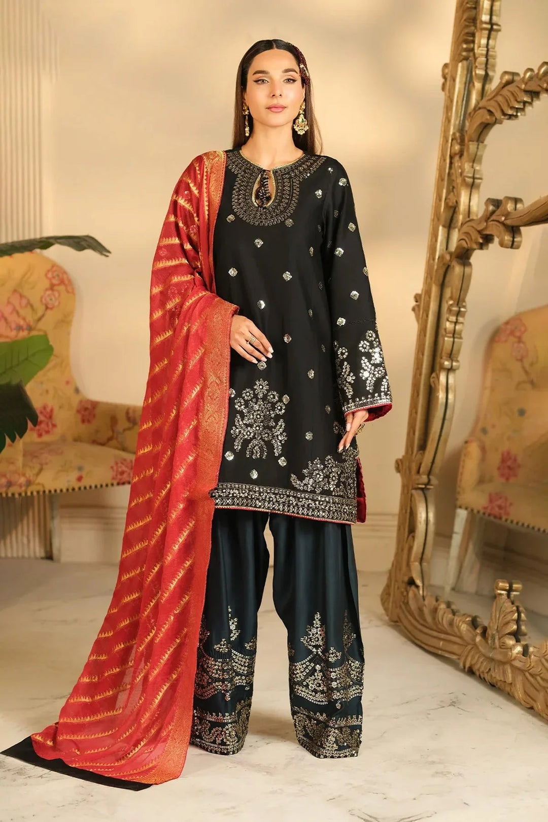 Rangreza HR-481 black chiffon embroidered 3 piece suit