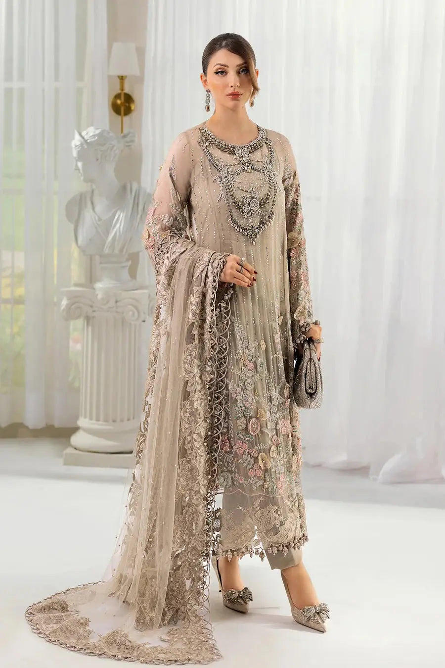 Front-facing view of Rangreza Classic AL-4356 outfit with embroidered shirt, matching trousers, and dupatta in soft neutral tones.