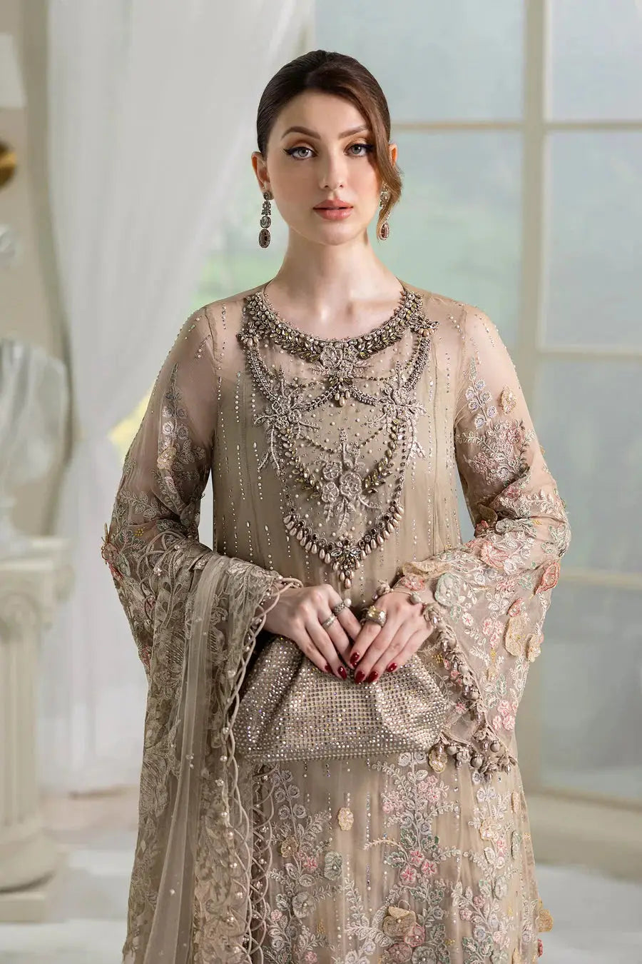 Shop Rangreza best Pakistani clothing brands | Embroidered Chiffon shirt, bottom, and dupatta set AL-4356 with 3D embellishments and diamantes.
