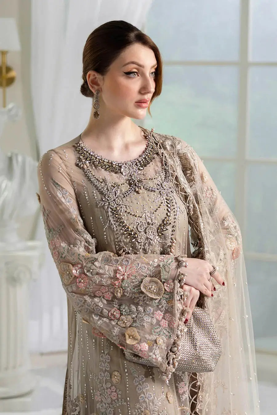 Side pose of model in Rangreza Classic AL-4356, highlighting the embroidered chiffon dupatta and elegant neckline detailing.