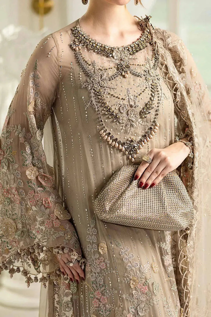 Detailed neckline and bodice of Rangreza AL-4356 with heavy embellishments, pearls, and diamantes on premium chiffon fabric.