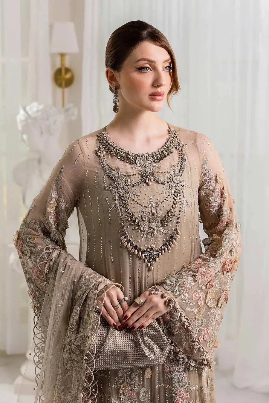 Rangreza Classic AL-4356 formal chiffon outfit featuring intricate embroidery, floral motifs, and luxury detailing for festive or wedding wear.