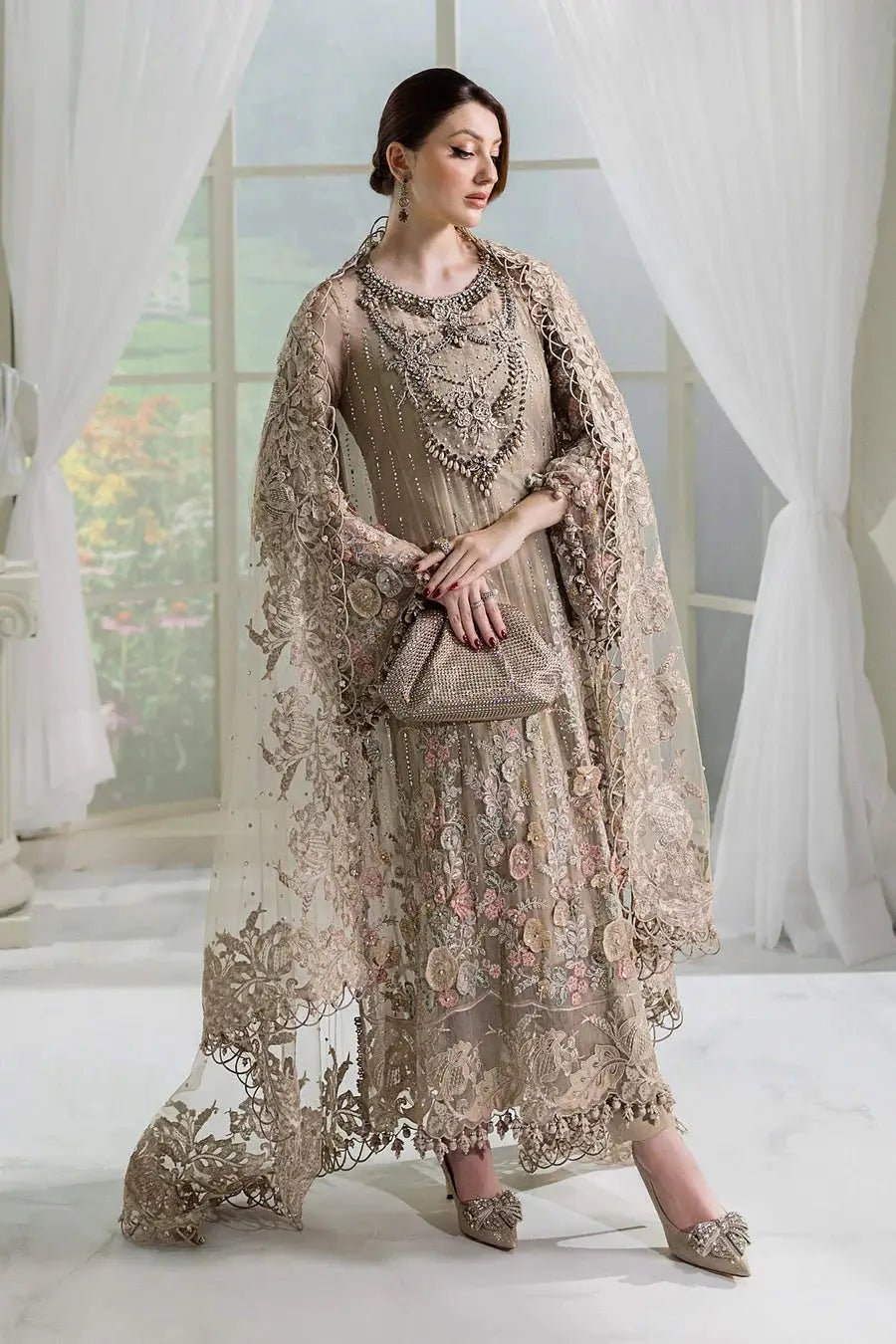 Full view of Rangreza Classic AL-4356 embroidered chiffon ensemble with matching dupatta and pants, ideal for formal occasions and festive events.