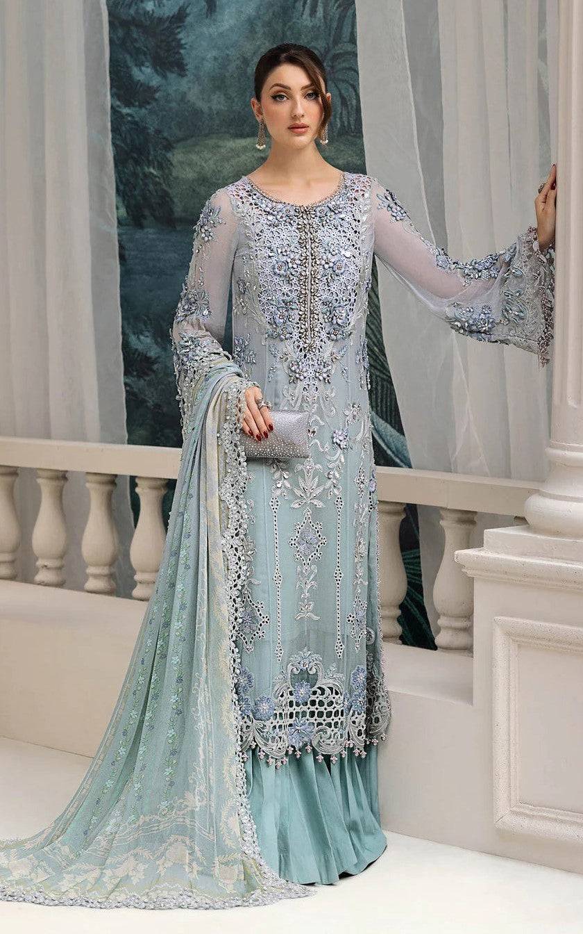 SHOP RANGREZA | AL-4354 - Pakistani Women's Clothes | 3 Piece Set featuring a sky blue embroidered chiffon shirt, satin trousers, and dupatta.