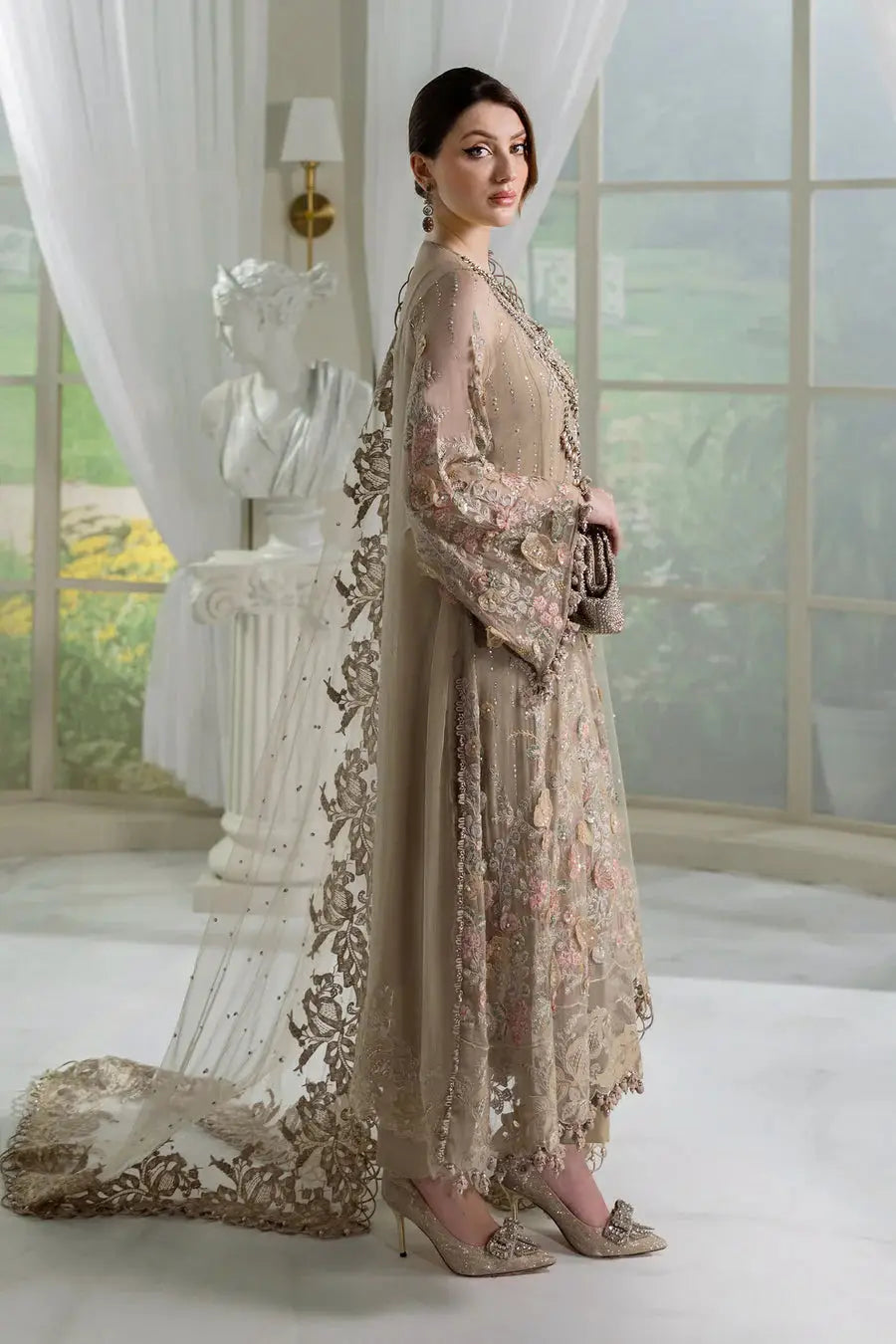 Side profile of Rangreza AL-4356 showcasing the flowing embroidered dupatta and elegant silhouette in luxury chiffon.