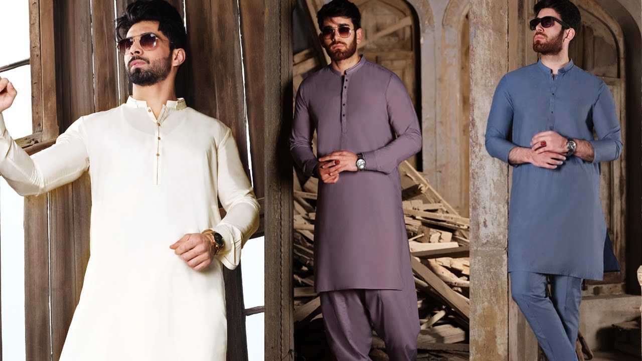 Three men wearing traditional kurta sets in white, purple, and blue against a rustic wooden background.