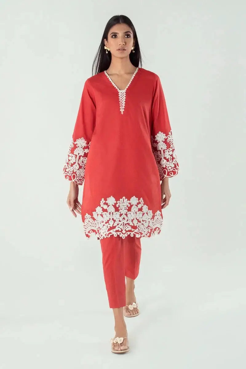 SANA SAFINA SUIT SS22ESE271 ready-to-wear shirt in red with white floral embroidery on sleeves and hem, ideal for daily Pakistani fashion.