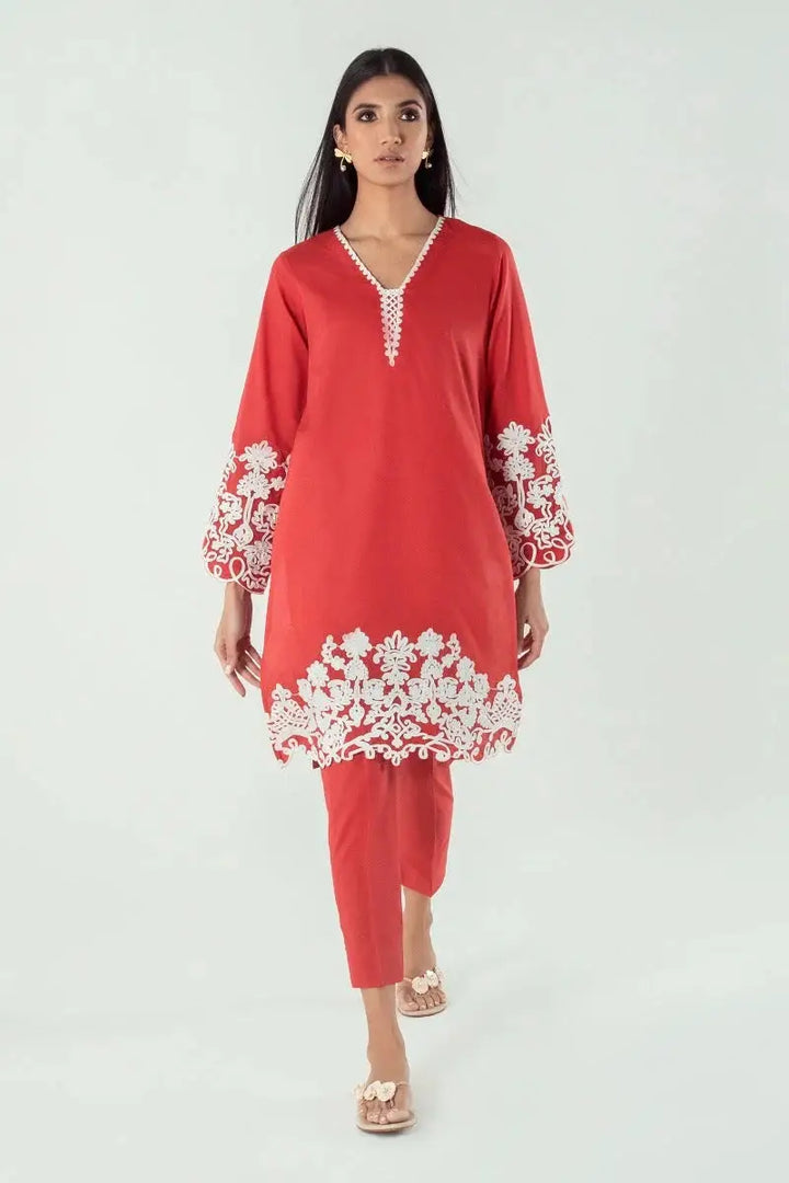 SANA SAFINA SUIT SS22ESE271 ready-to-wear shirt in red with white floral embroidery on sleeves and hem, ideal for daily Pakistani fashion.