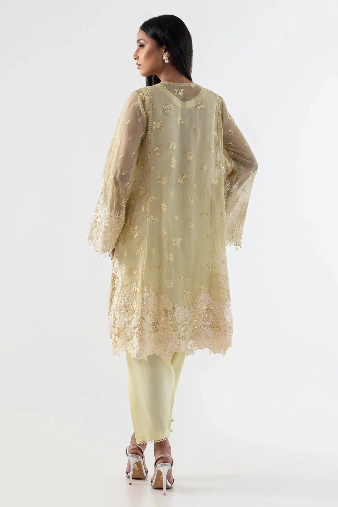 Back view of Sana Safina SS24EXE138P2T showcasing intricate embroidery and lacework on a beige tunic paired with matching pants, ideal for formal events.