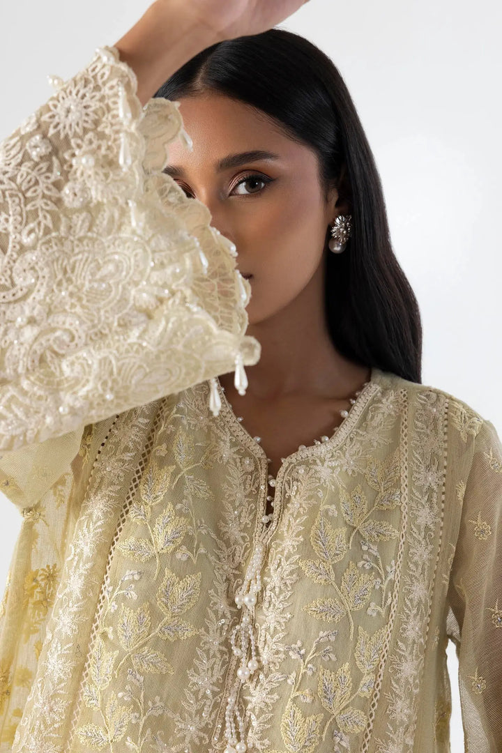 Close-up of Sana Safina SS24EXE138P2T highlighting detailed floral embroidery, lace sleeves, and pearl embellishments on the neckline for an elegant look.