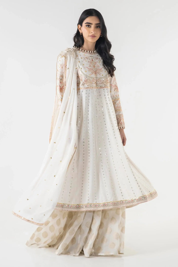 Elegant Sana Safina SS24EXE142P3 traditional white outfit with intricate embroidery and gold accents, paired with a flowing dupatta.