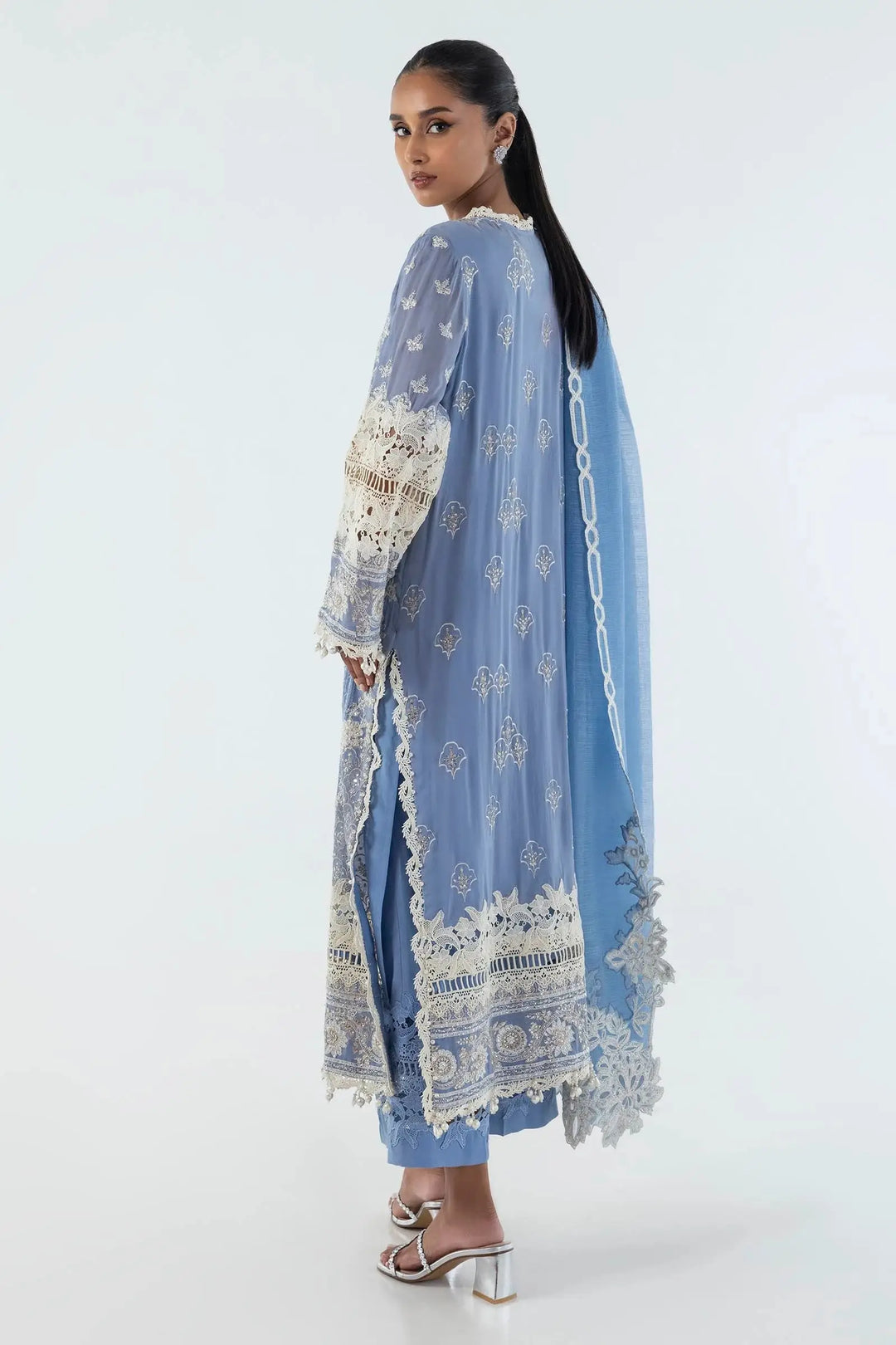 Sana Safina SS24EXE152P3 traditional blue embroidered outfit with lace accents and matching dupatta, back view highlighting design.