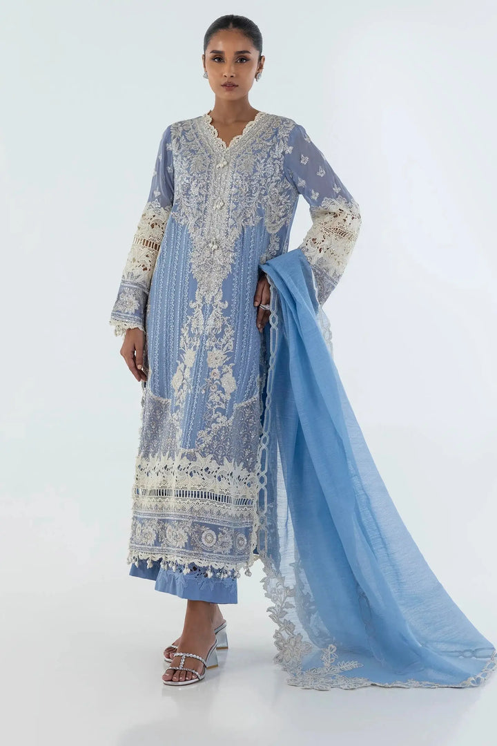 Sana Safina SS24EXE152P3 traditional blue embroidered outfit with intricate lace detailing and matching dupatta, full front view.