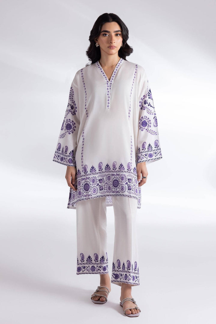SANA SAFINA Suit - Basic Linen Outfit with white boxy shirt and purple embroidered culottes, ideal for casual wear in Apparel & Accessories.