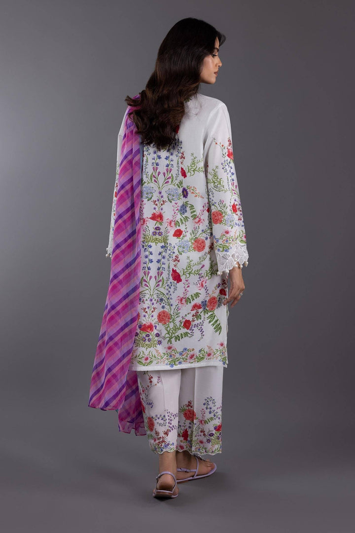 Back view of SANA SAFINA Digital Printed Lawn Suit featuring floral embroidery and chiffon dupatta in purple hues, ideal for festive wear.
