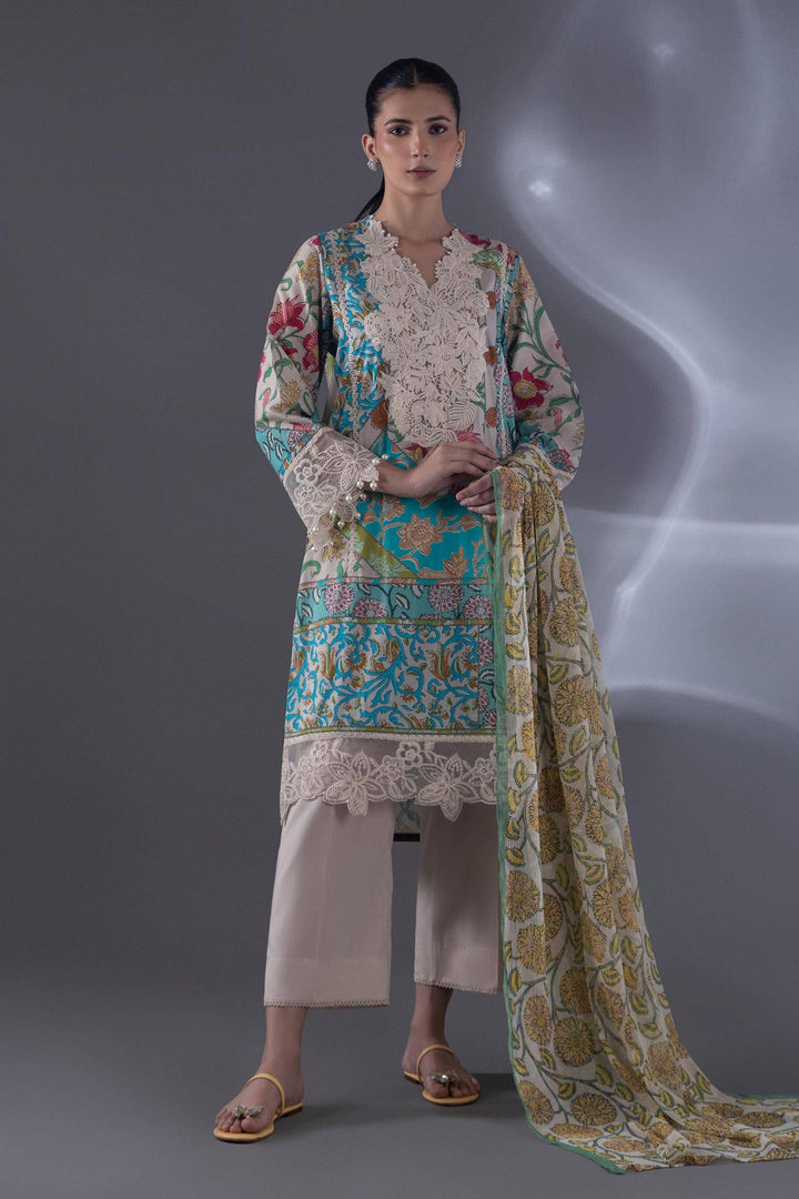 SANA SAFINA BLUE SUIT - Lawn Chiffon Shalwar 3 Piece Patch Suit featuring floral embroidery, digital printed chiffon dupatta, and skinny shalwar.
