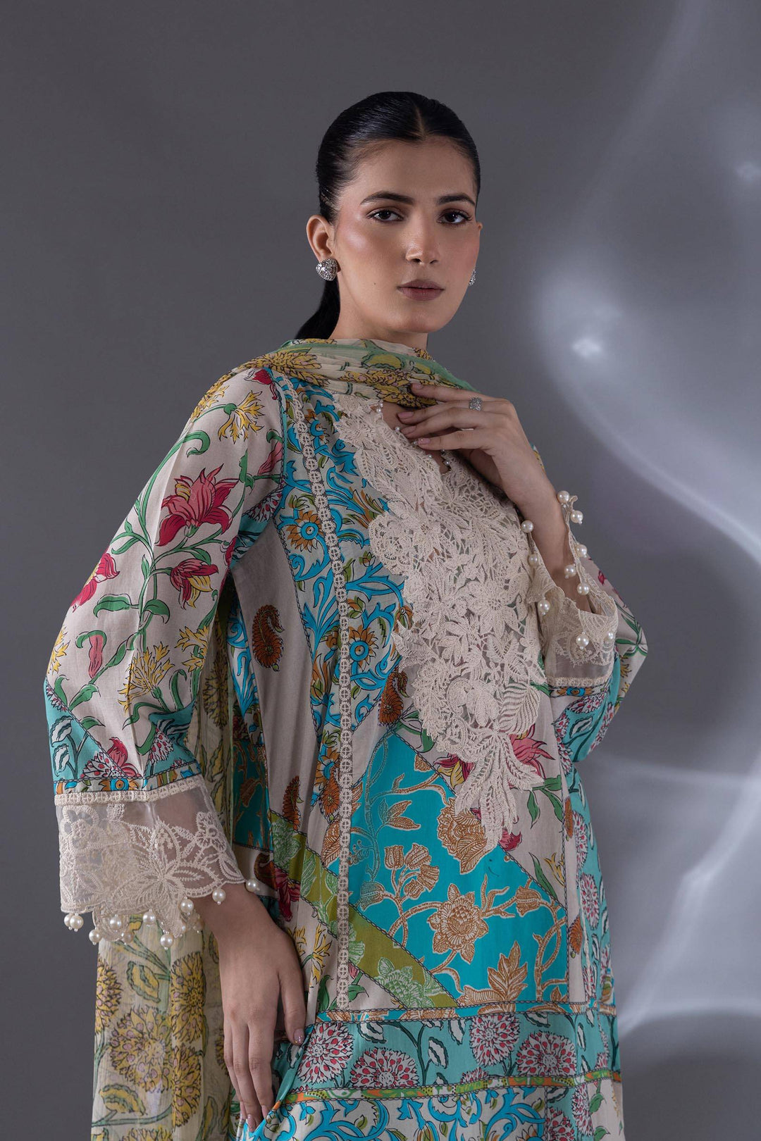 Detailed front view of SANA SAFINA BLUE SUIT - Lawn Chiffon Shalwar 3 Piece Patch Suit highlighting embroidered neckline and printed chiffon dupatta.
