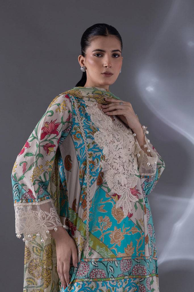 Close-up of SANA SAFINA BLUE SUIT - Lawn Chiffon Shalwar 3 Piece Patch Suit showing lace detailing and digital floral chiffon dupatta.