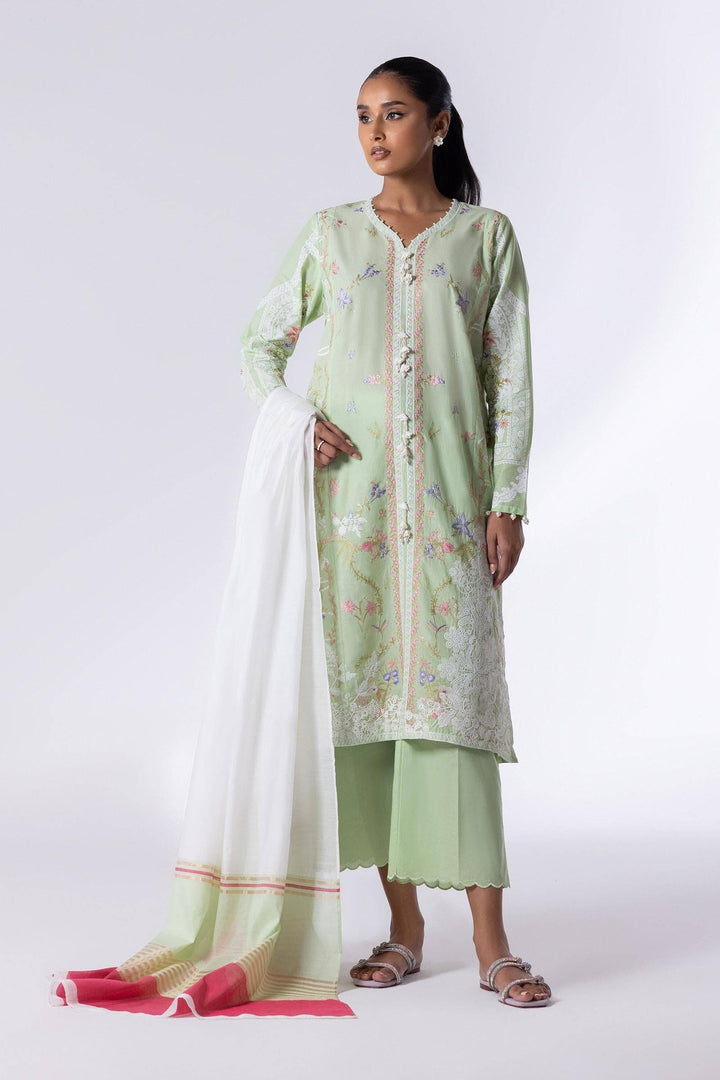 SANA SAFINA Embroidered Lawn Suit in light green with floral detailing, culotte pants, and white dupatta. Ideal for stylish summer wear.