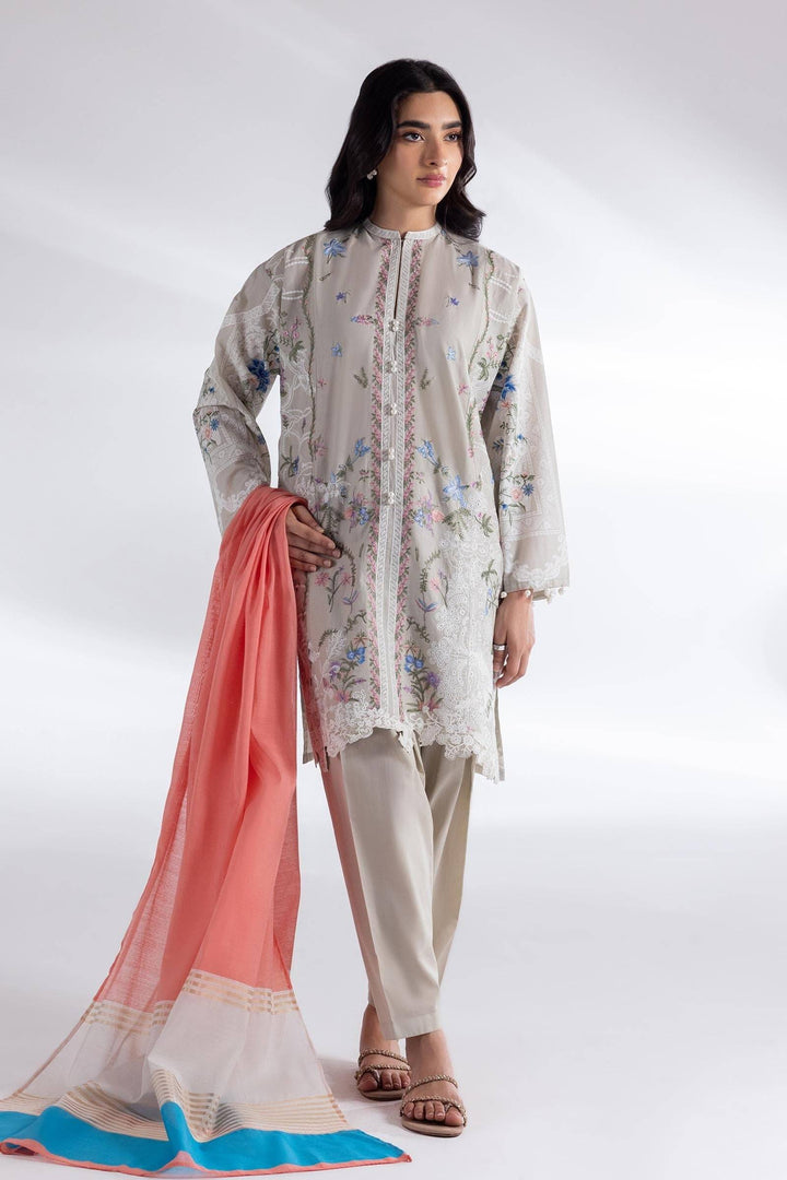 SANA SAFINAZ Lawn Suit - 3 Piece Muzlin Suit featuring beige embroidered shirt, skinny shalwar, and digital printed chiffon dupatta in coral and blue.
