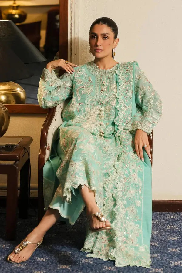 SANA SAFINA 3 PIECE PARTY WEAR DRESS in green with intricate embroidery, Thai silk slip, and matching dupatta, perfect for formal occasions.