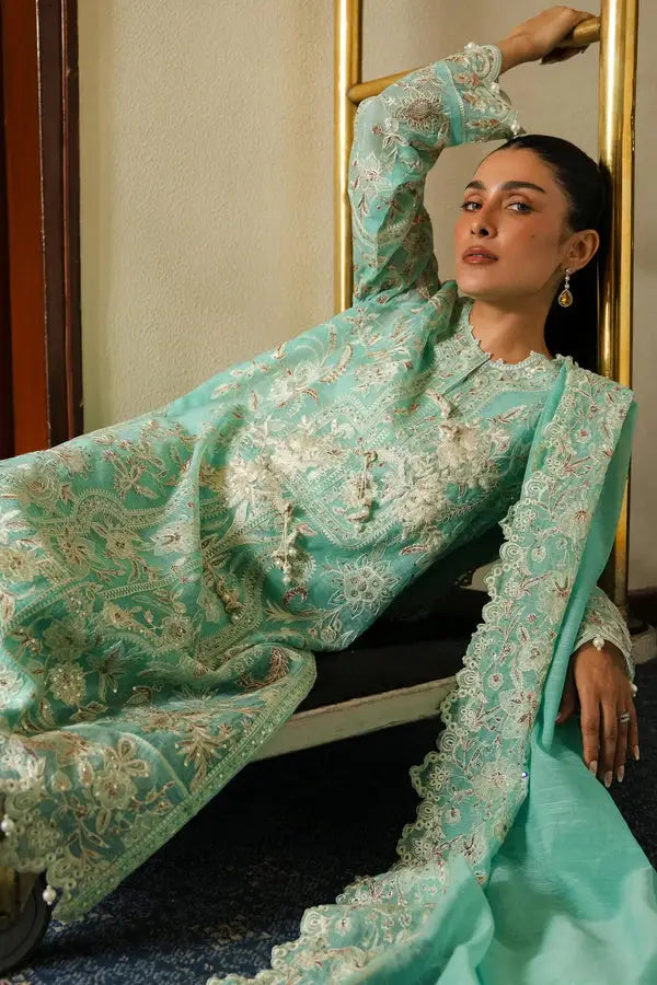 Luxurious SANA SAFINA 3 PIECE PARTY WEAR DRESS in mint green with ornate embroidery, Thai silk slip, and raw silk culotte for stylish events.