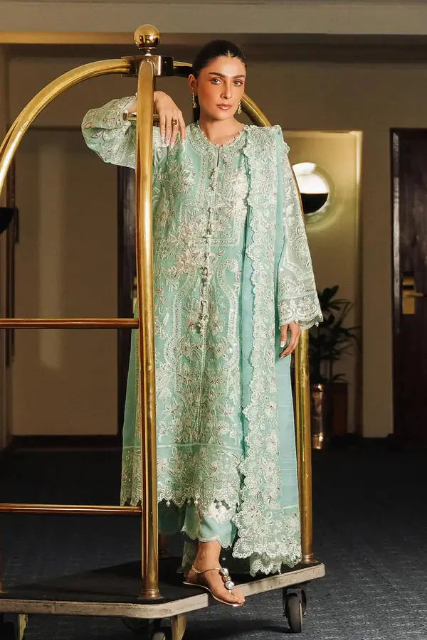 SANA SAFINA Party Wear Dress - Green Dress Ensemble | 3 Piece Set featuring embroidered shirt, raw silk culotte, and dupatta in elegant mint green.