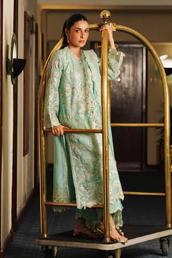 Elegant SANA SAFINA Party Wear Dress - Green 3 Piece Set with detailed embroidery and raw silk culotte, ideal for festive and party wear.