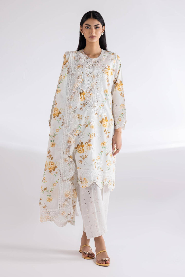 SANA SAFINA Lawn Suit with floral embroidery in off-white, featuring a digital printed dupatta and culotte pants. Elegant 3-piece dress set.