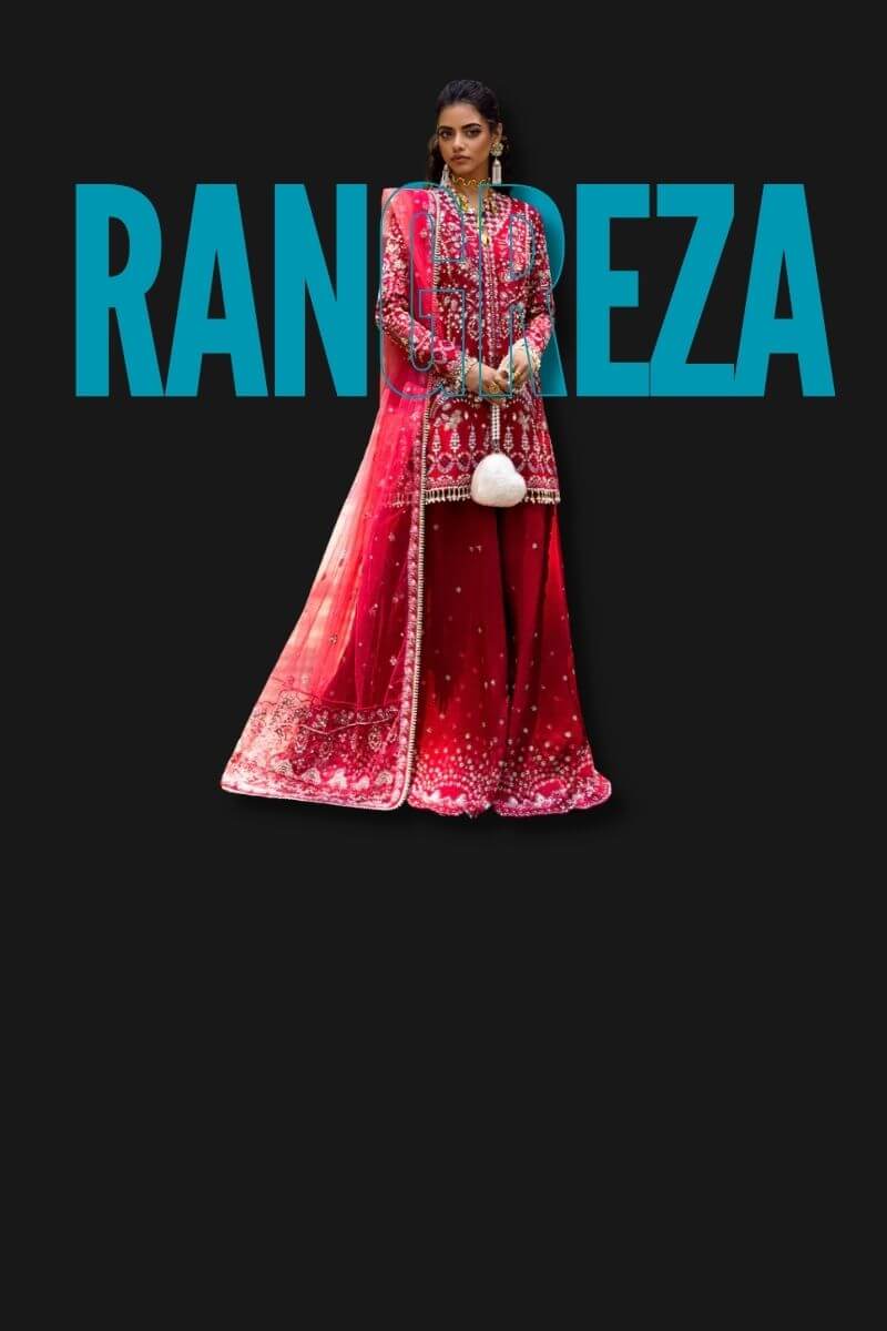 Woman in a red traditional Wedding outfit with 'RANREZA' branding on a black background