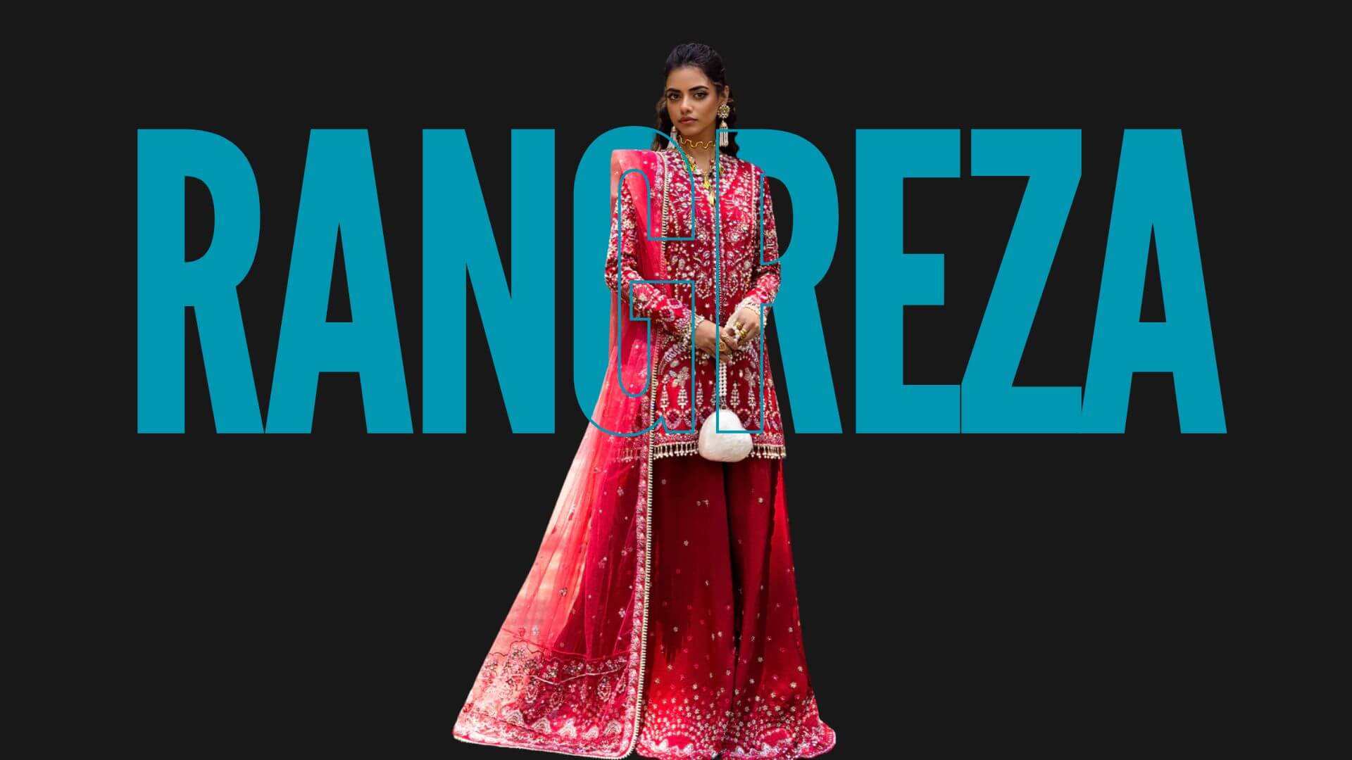 Woman in red traditional Wedding outfit with 'Rangreza' branding on a black background