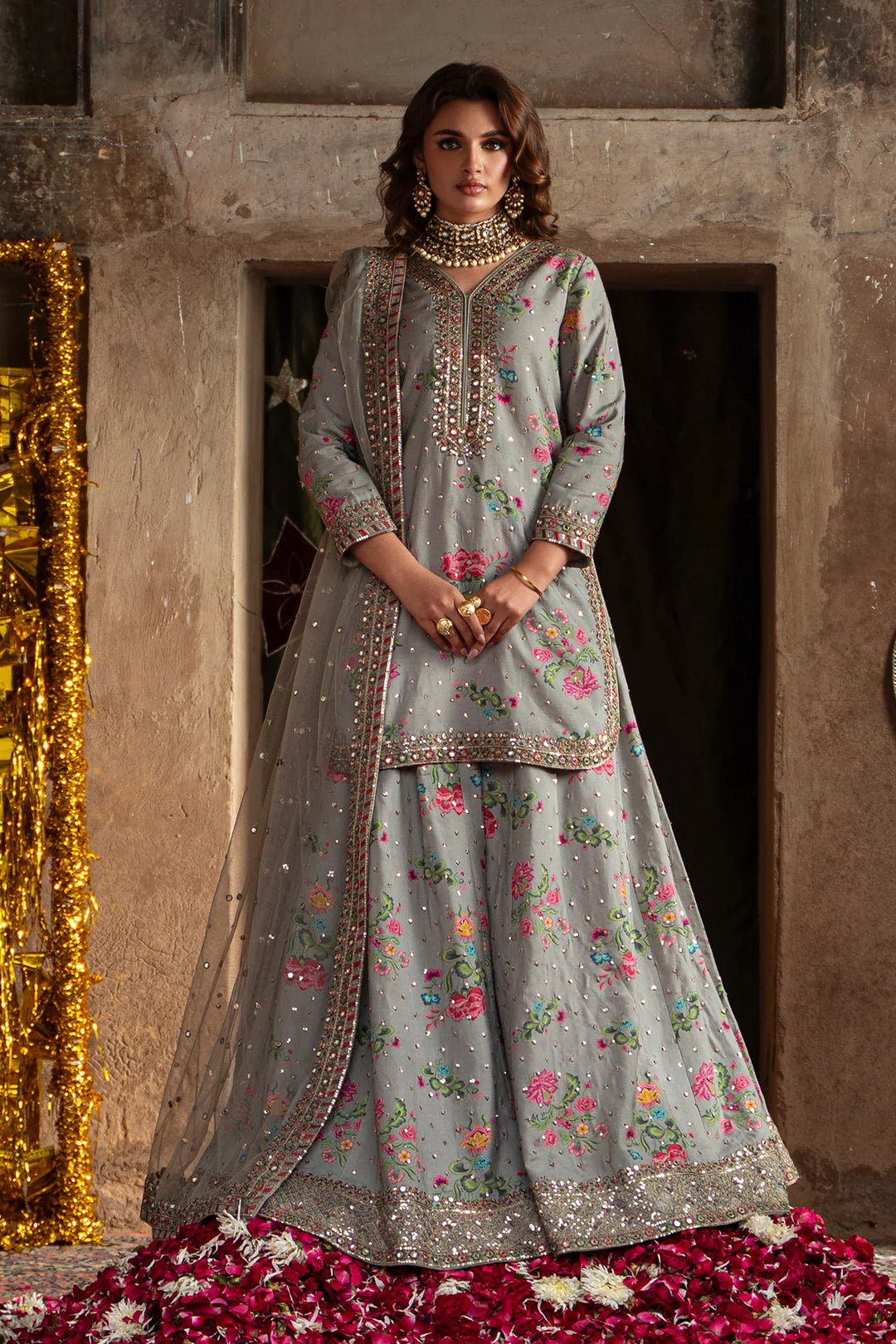 Grey embroidered silk 3-piece suit with floral and sequin details, traditional attire for women