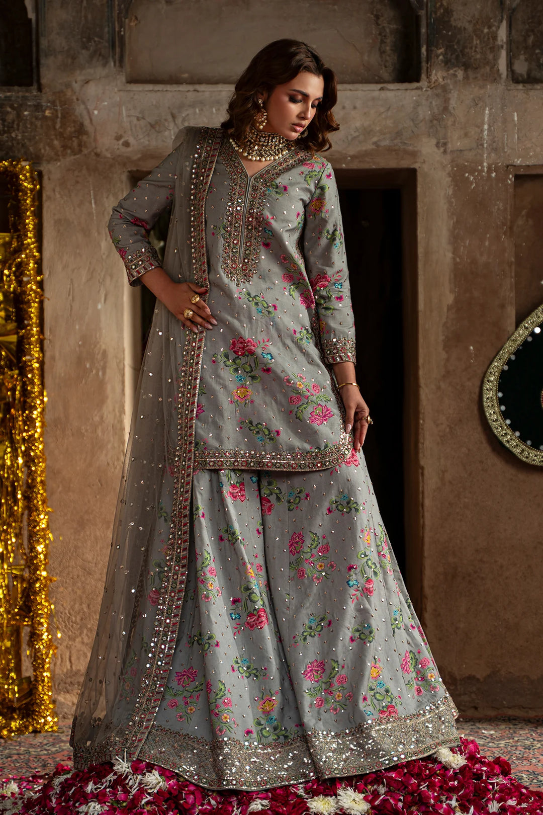 Side view of grey embroidered silk 3-piece suit with floral and sequin embellishments, traditional women's clothing
