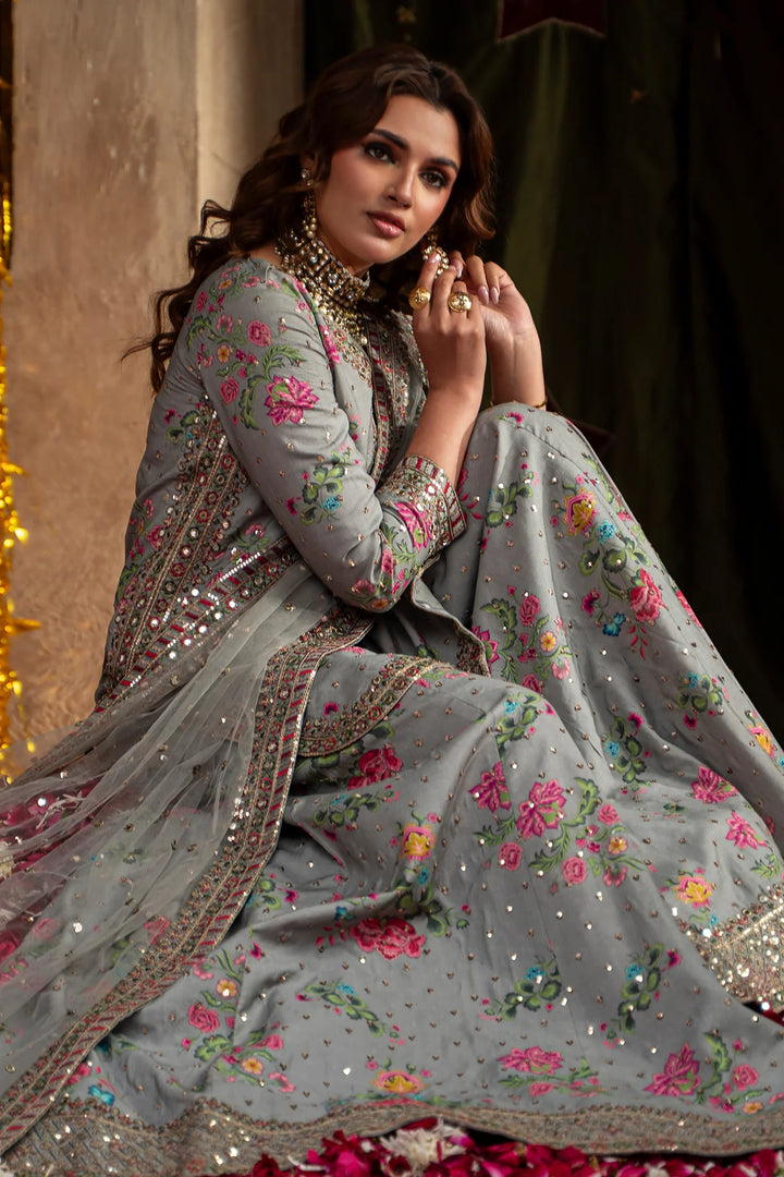 Embroidered silk grey floral suit with sequins and intricate embroidery